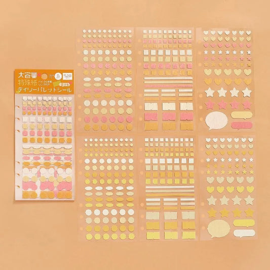 A sheet of decorative Daily Palette by BGM Life planner stickers displayed alongside its retail packaging on a solid peach background. The stickers feature various shapes including circles, squares, stripes, stars, hearts, and speech bubbles in pastel shades of pink, yellow, and white, which are part of the Citrus colour theme.