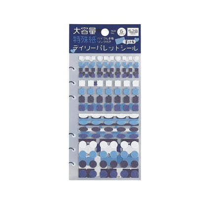 A sheet of Japanese die-cut paper stickers in a spiral binder format, featuring various shapes and colors including blue, purple, and white, with a dark blue header card from the series Daily Palette by BGM Life, ideal for planners and journals. 