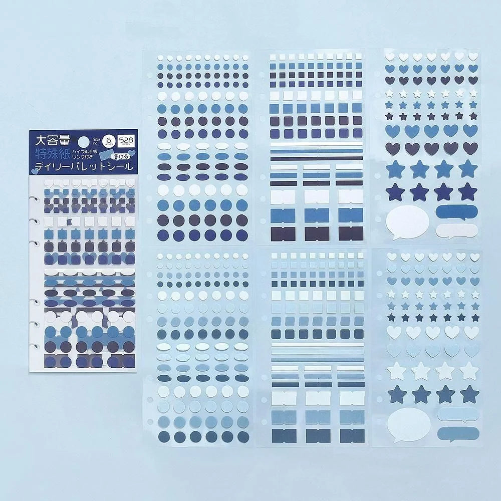 Collection of blue Ocean colour theme, decorative stickers on a light blue background from the Daily Palette series from BGM Life