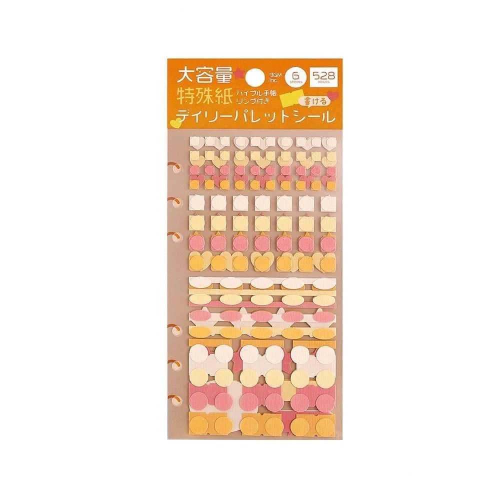 A sheet of Japanese paper stickers by BGM Life in a variety of pastel colors including pink, yellow, orange, and white, arranged in rows on a beige backing card, to be used for journalling or planners. 