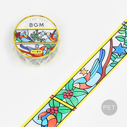 Decorative tape with colorful bird design and 'BGM' branding on a white background