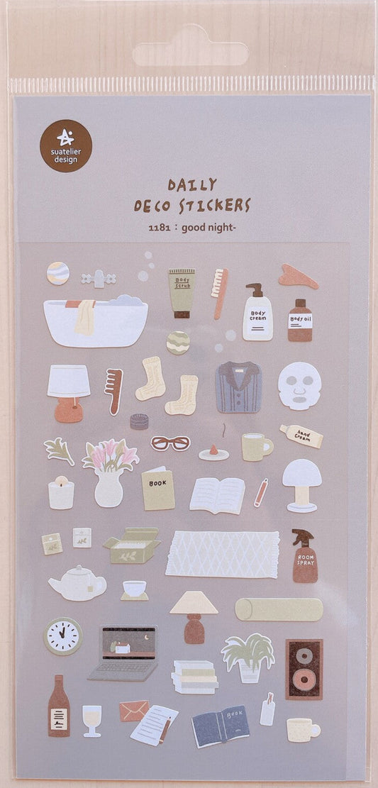 Set of daily deco stickers called good night on a light purple background with a brand logo at the top left corner and illustrations of bedtime things.