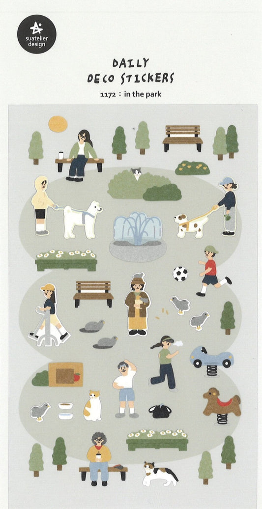 Sticker sheet called in the park with people and dogs in a park on a light gray background