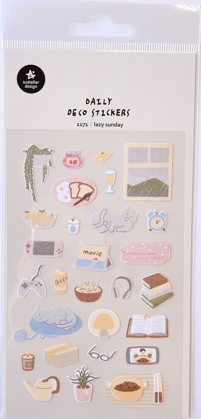 Pack of daily life stickers called lazy sunday with various illustrations on a light background