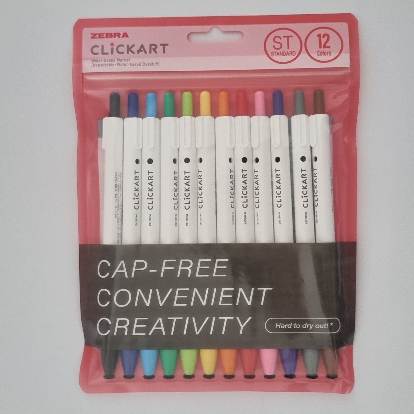 Pack of Zebra Clickart markers with cap-free design on a white background